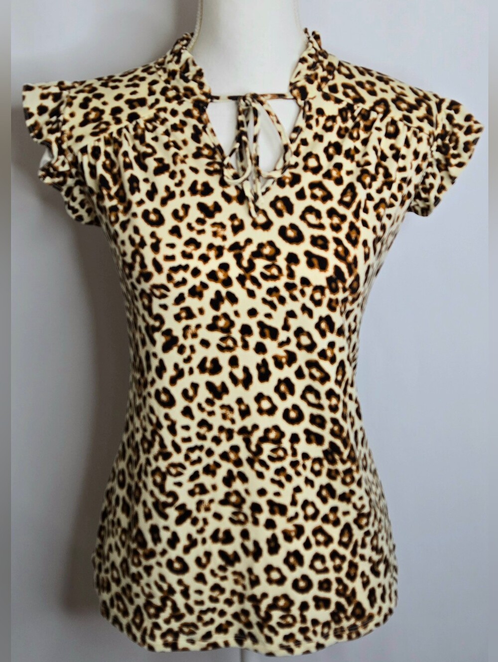 Adrianna Papell Leopard Print Flutter Sleeve Tie Neck Blouse Top NWOT S